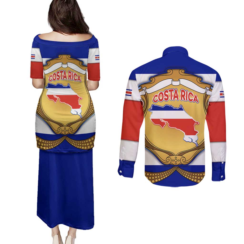 Costa Rica Flag Map Couples Matching Puletasi and Long Sleeve Button Shirt Red White Blue with National Colors and Gold Crest Design - Wonder Print Shop