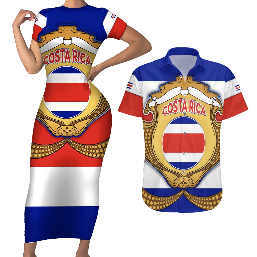 Costa Rica Flag Map Couples Matching Short Sleeve Bodycon Dress and Hawaiian Shirt Red White Blue with National Colors and Gold Crest Design - Wonder Print Shop