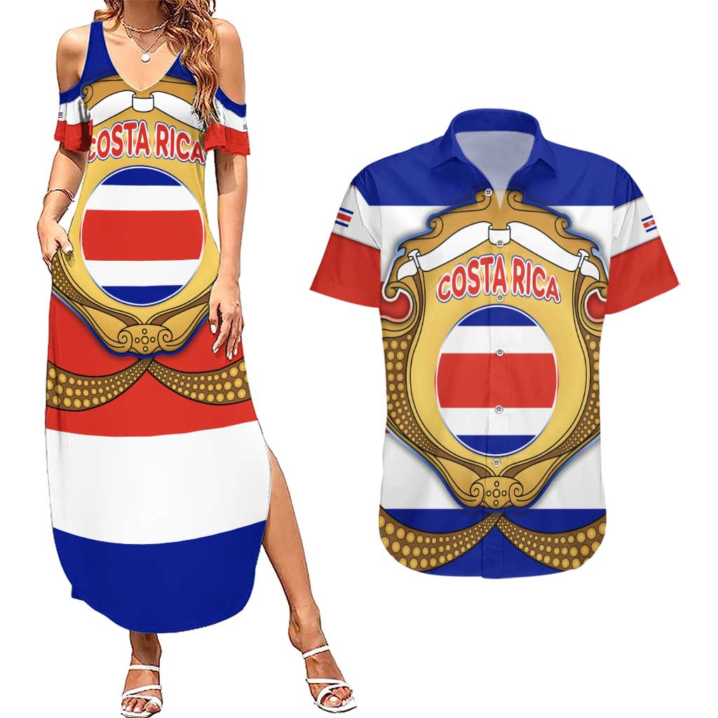 Costa Rica Flag Map Couples Matching Summer Maxi Dress and Hawaiian Shirt Red White Blue with National Colors and Gold Crest Design - Wonder Print Shop