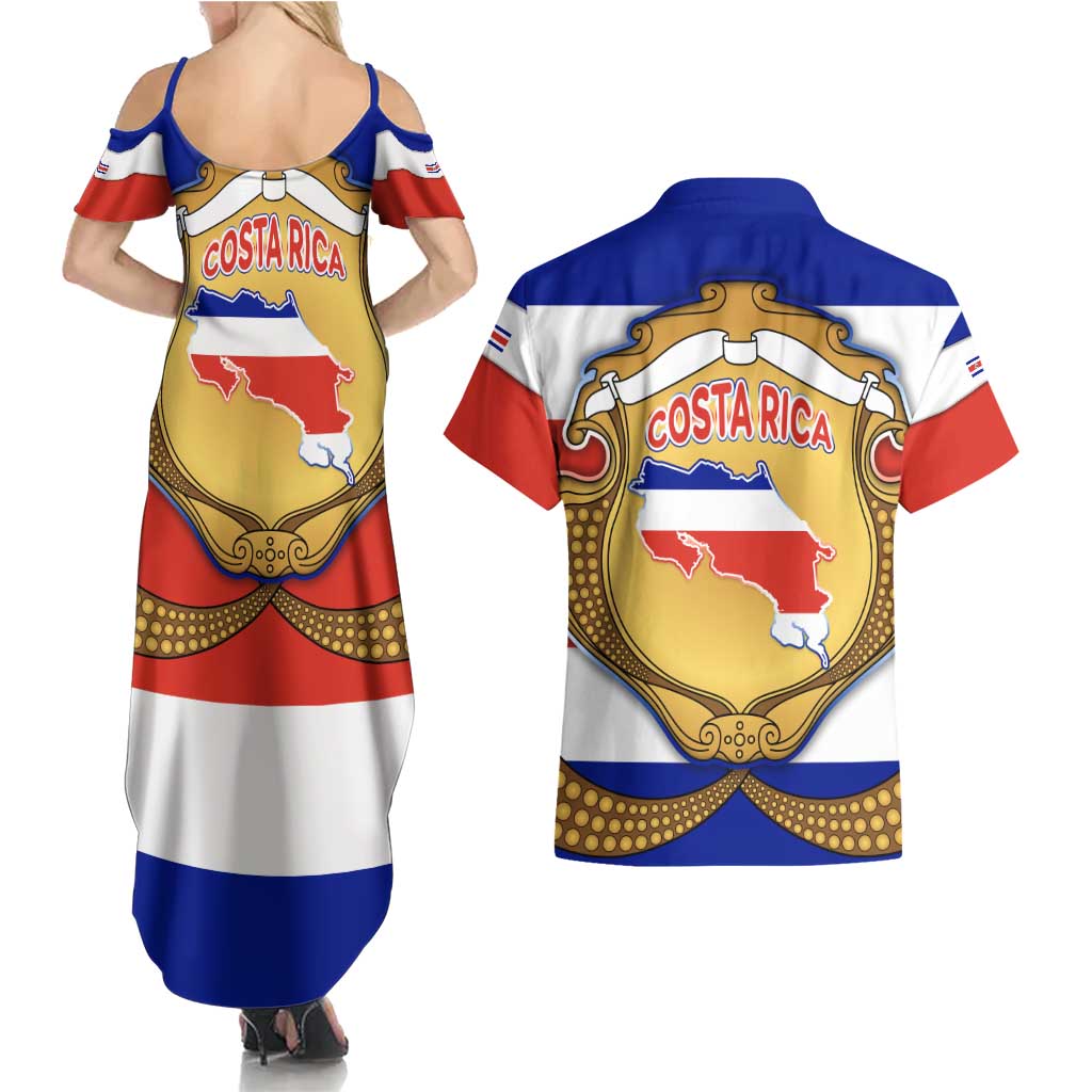 Costa Rica Flag Map Couples Matching Summer Maxi Dress and Hawaiian Shirt Red White Blue with National Colors and Gold Crest Design - Wonder Print Shop