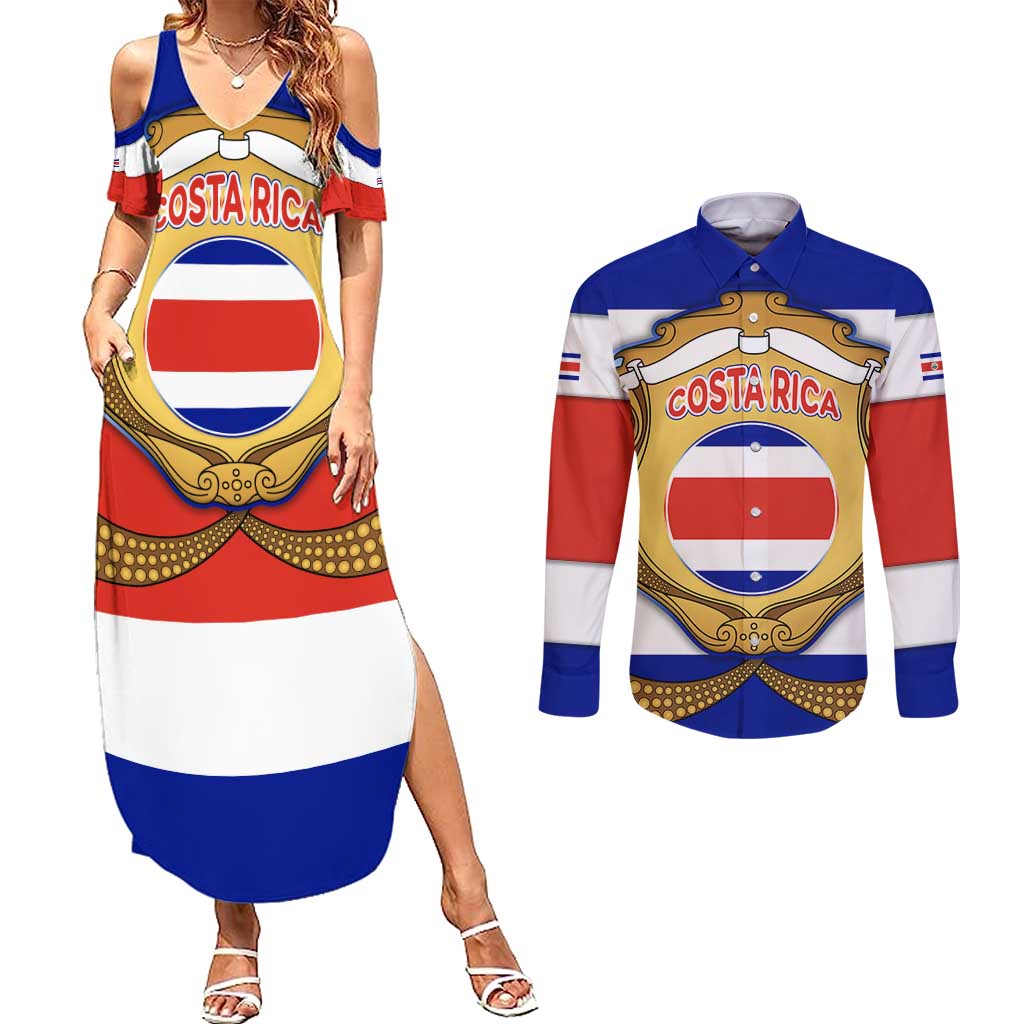 Costa Rica Flag Map Couples Matching Summer Maxi Dress and Long Sleeve Button Shirt Red White Blue with National Colors and Gold Crest Design - Wonder Print Shop