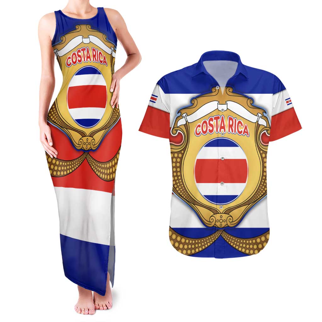 Costa Rica Flag Map Couples Matching Tank Maxi Dress and Hawaiian Shirt Red White Blue with National Colors and Gold Crest Design - Wonder Print Shop