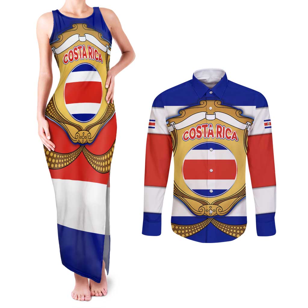 Costa Rica Flag Map Couples Matching Tank Maxi Dress and Long Sleeve Button Shirt Red White Blue with National Colors and Gold Crest Design - Wonder Print Shop