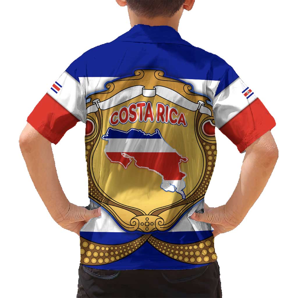 Costa Rica Flag Map Family Matching Long Sleeve Bodycon Dress and Hawaiian Shirt Red White Blue with National Colors and Gold Crest Design - Wonder Print Shop