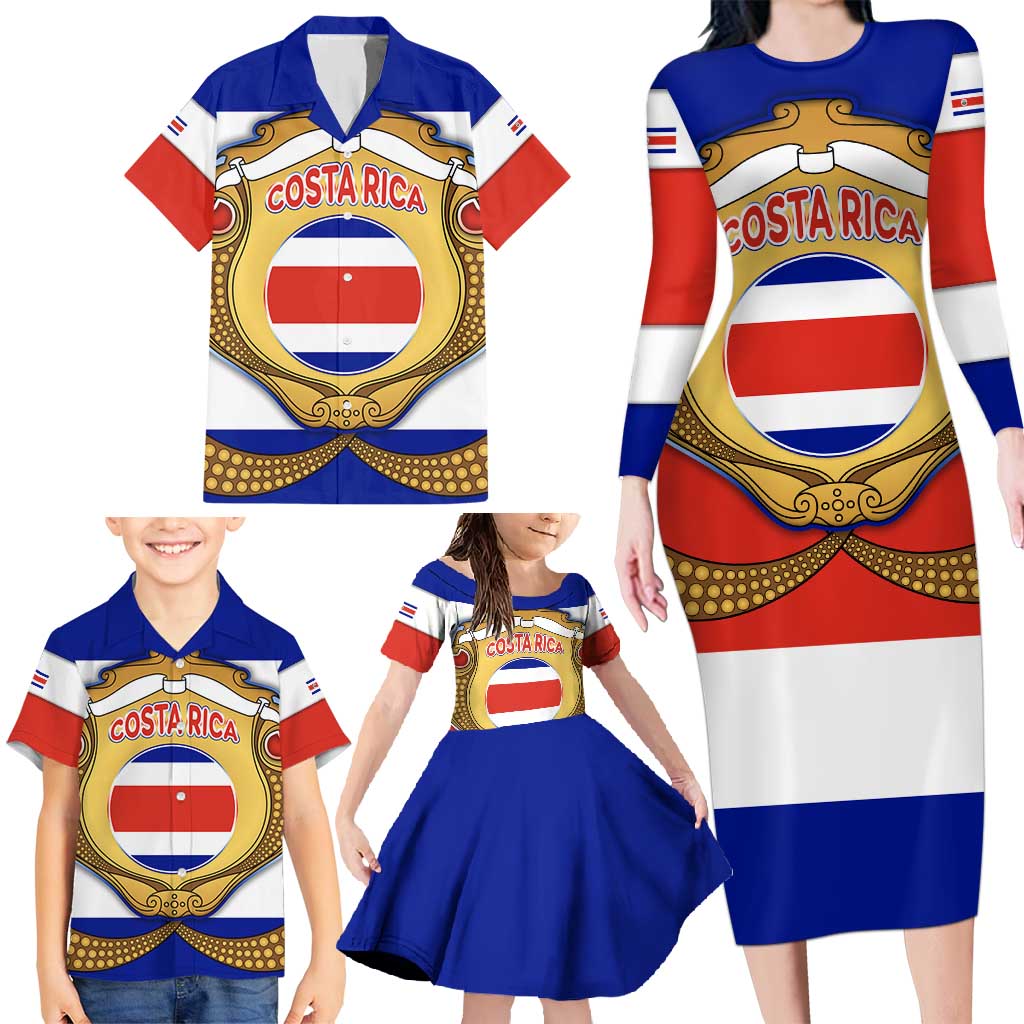Costa Rica Flag Map Family Matching Long Sleeve Bodycon Dress and Hawaiian Shirt Red White Blue with National Colors and Gold Crest Design - Wonder Print Shop