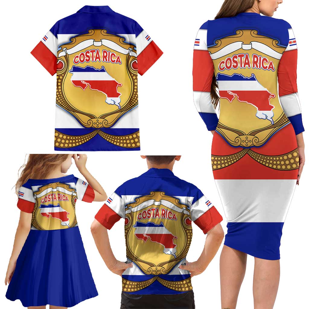 Costa Rica Flag Map Family Matching Long Sleeve Bodycon Dress and Hawaiian Shirt Red White Blue with National Colors and Gold Crest Design - Wonder Print Shop