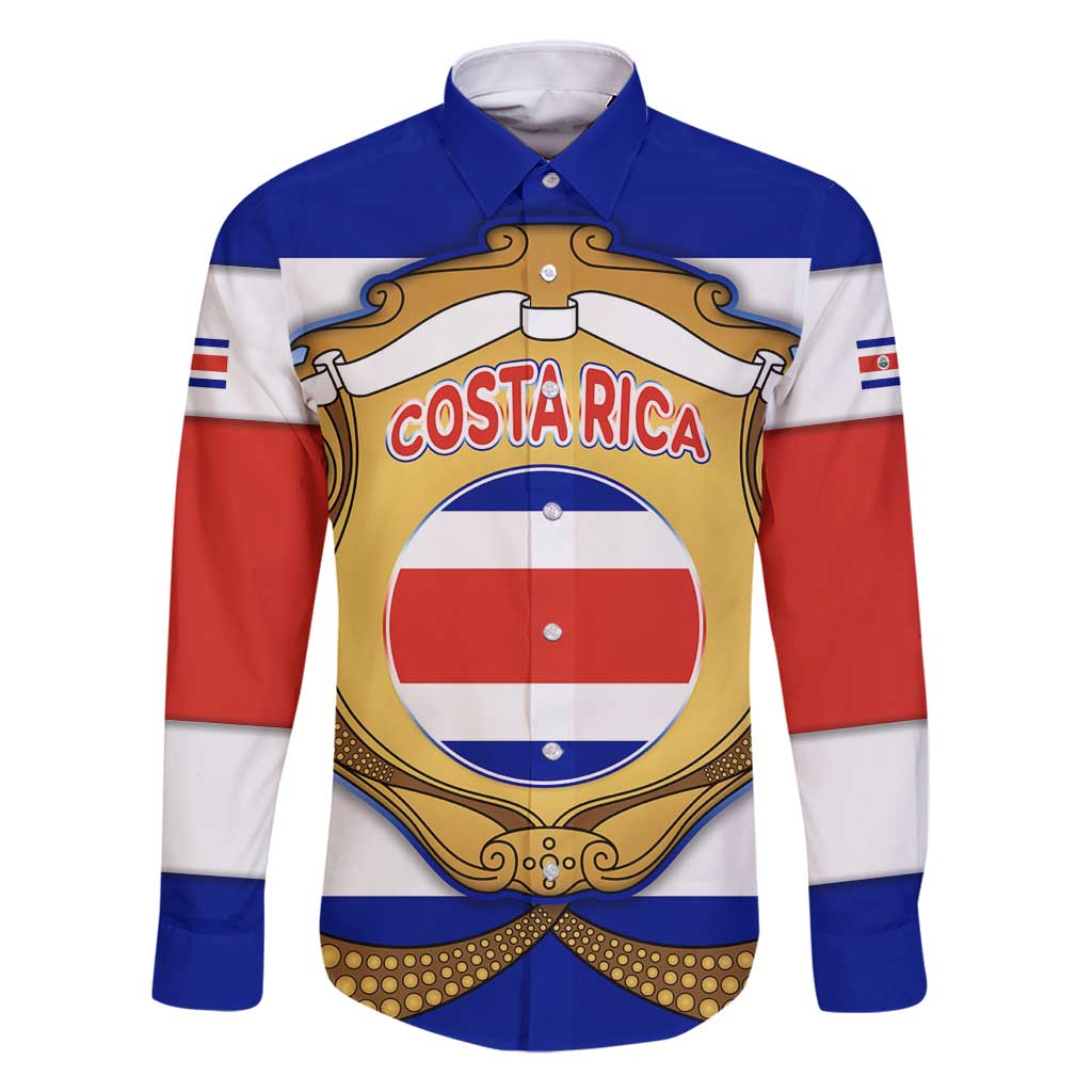 Costa Rica Flag Map Family Matching Long Sleeve Bodycon Dress and Hawaiian Shirt Red White Blue with National Colors and Gold Crest Design - Wonder Print Shop