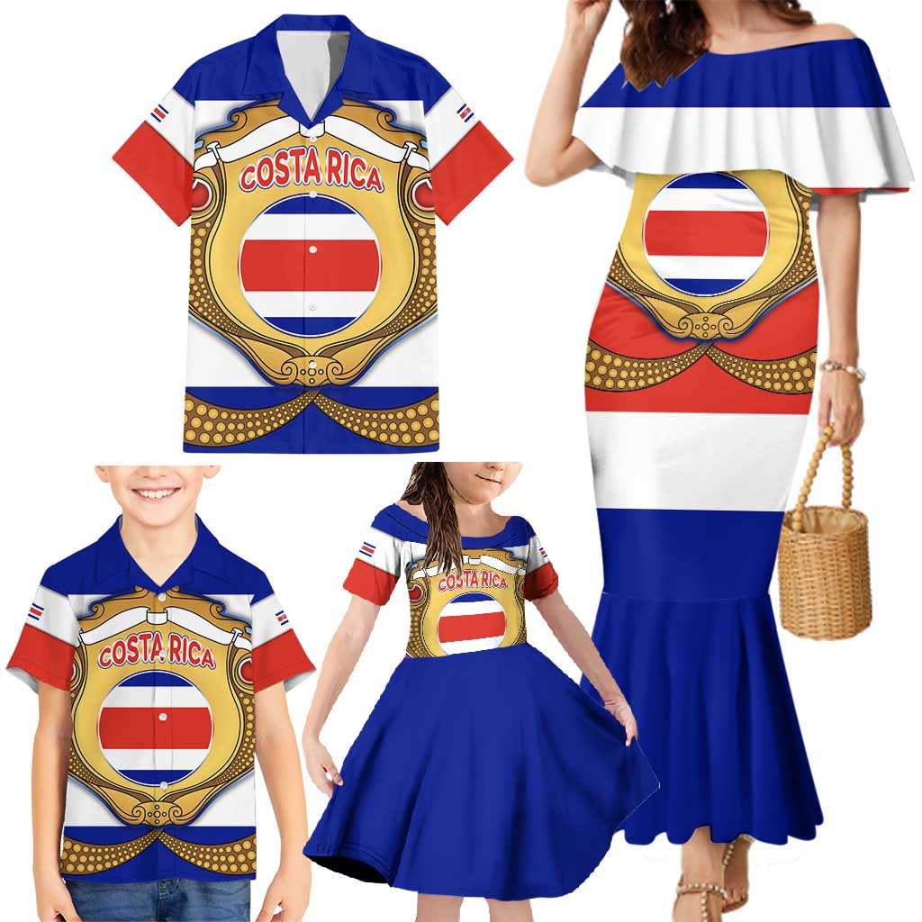 Costa Rica Flag Map Family Matching Mermaid Dress and Hawaiian Shirt Red White Blue with National Colors and Gold Crest Design - Wonder Print Shop
