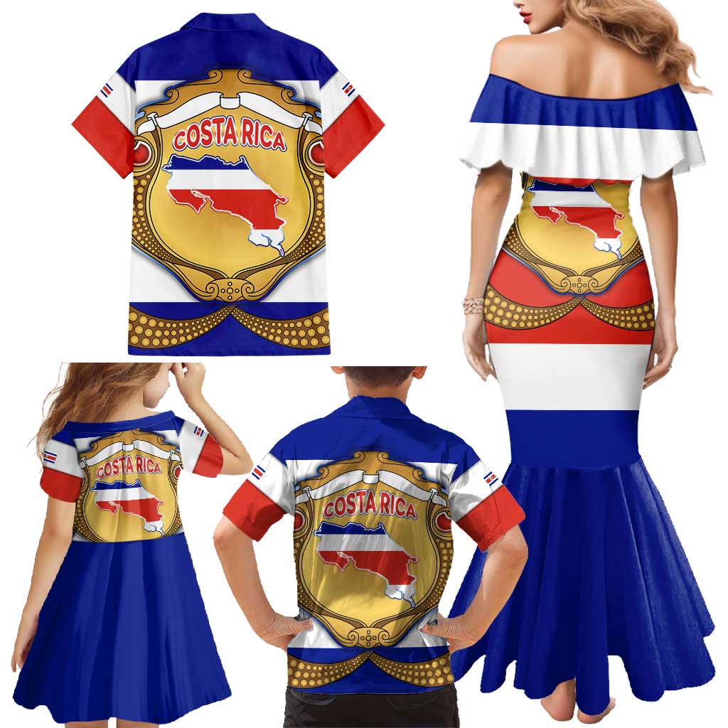 Costa Rica Flag Map Family Matching Mermaid Dress and Hawaiian Shirt Red White Blue with National Colors and Gold Crest Design - Wonder Print Shop