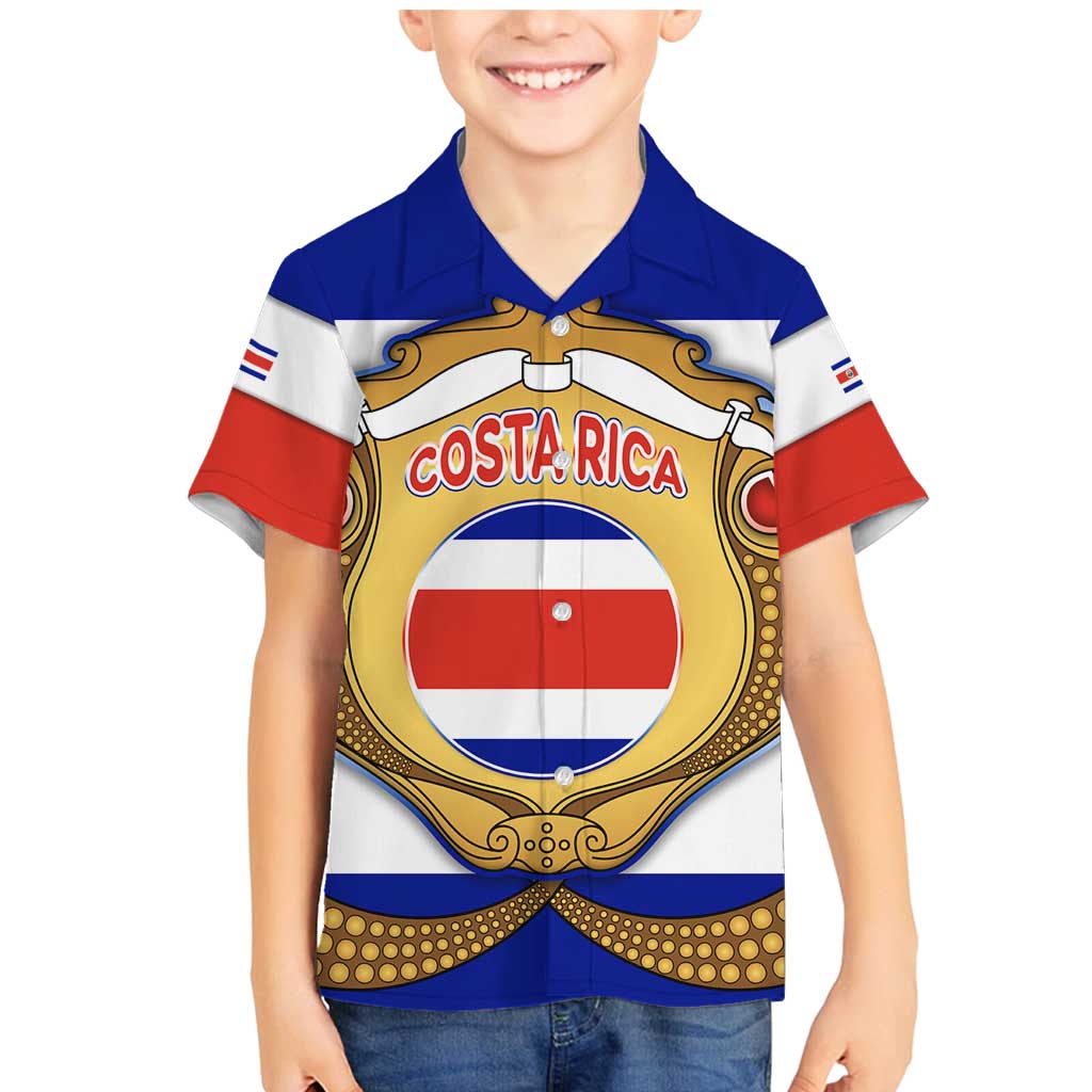 Costa Rica Flag Map Family Matching Mermaid Dress and Hawaiian Shirt Red White Blue with National Colors and Gold Crest Design - Wonder Print Shop