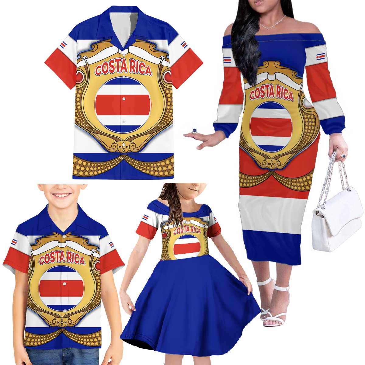 Costa Rica Flag Map Family Matching Off The Shoulder Long Sleeve Dress and Hawaiian Shirt Red White Blue with National Colors and Gold Crest Design - Wonder Print Shop