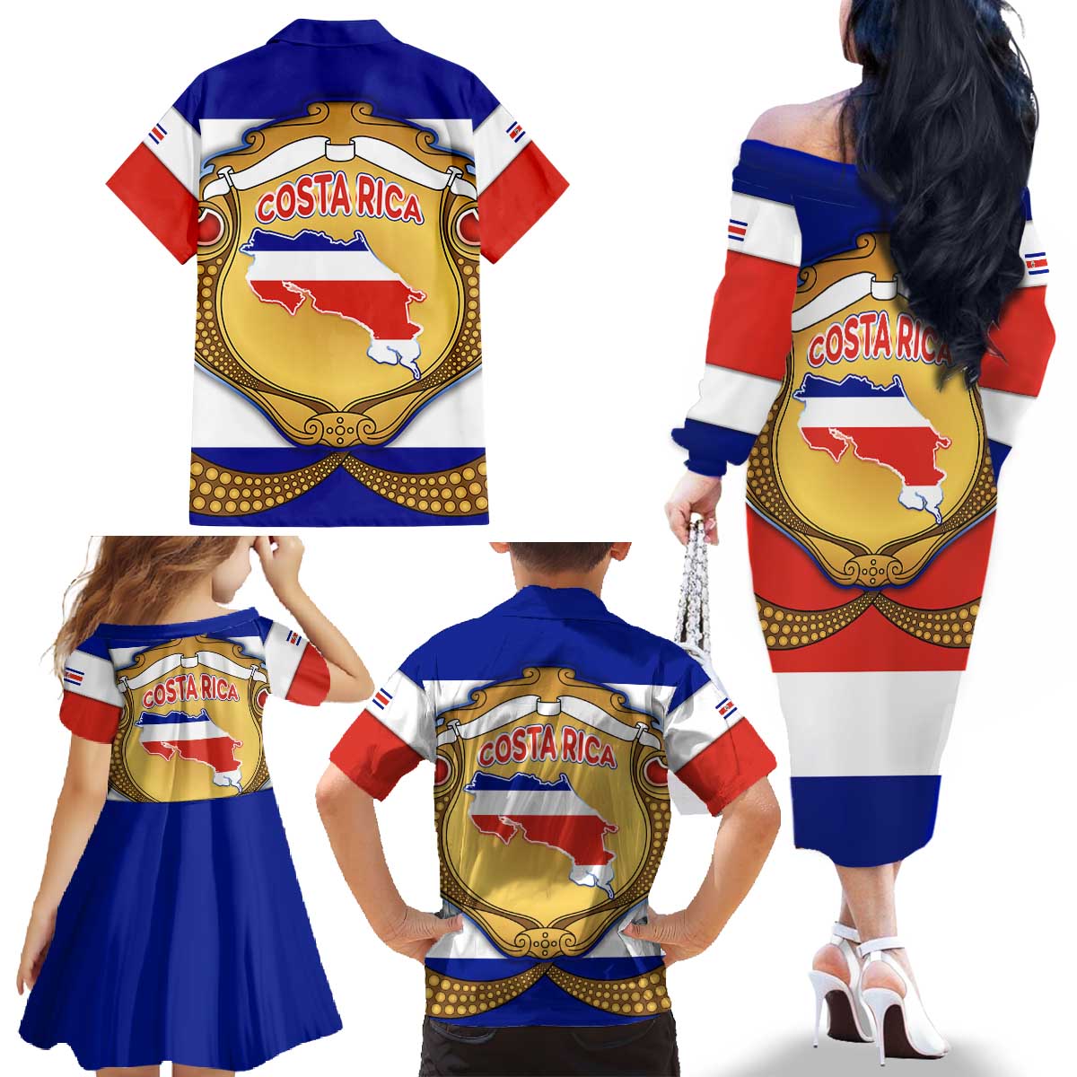 Costa Rica Flag Map Family Matching Off The Shoulder Long Sleeve Dress and Hawaiian Shirt Red White Blue with National Colors and Gold Crest Design - Wonder Print Shop