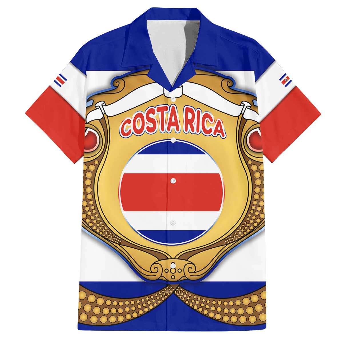 Costa Rica Flag Map Family Matching Off The Shoulder Long Sleeve Dress and Hawaiian Shirt Red White Blue with National Colors and Gold Crest Design - Wonder Print Shop