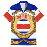 Costa Rica Flag Map Family Matching Off The Shoulder Long Sleeve Dress and Hawaiian Shirt Red White Blue with National Colors and Gold Crest Design - Wonder Print Shop