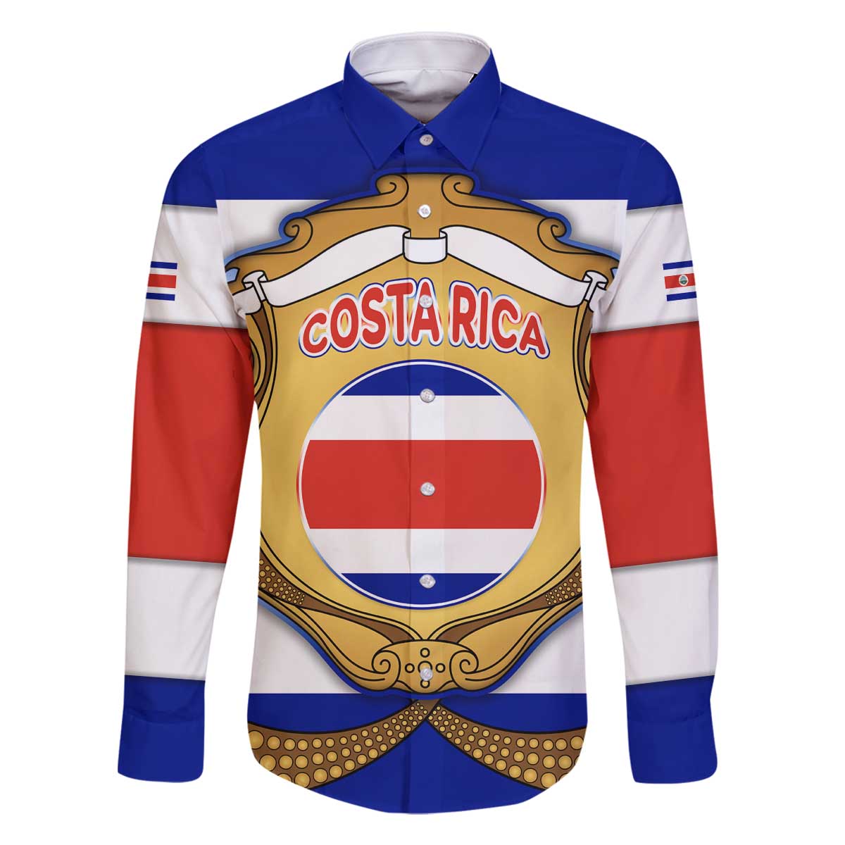 Costa Rica Flag Map Family Matching Off The Shoulder Long Sleeve Dress and Hawaiian Shirt Red White Blue with National Colors and Gold Crest Design - Wonder Print Shop