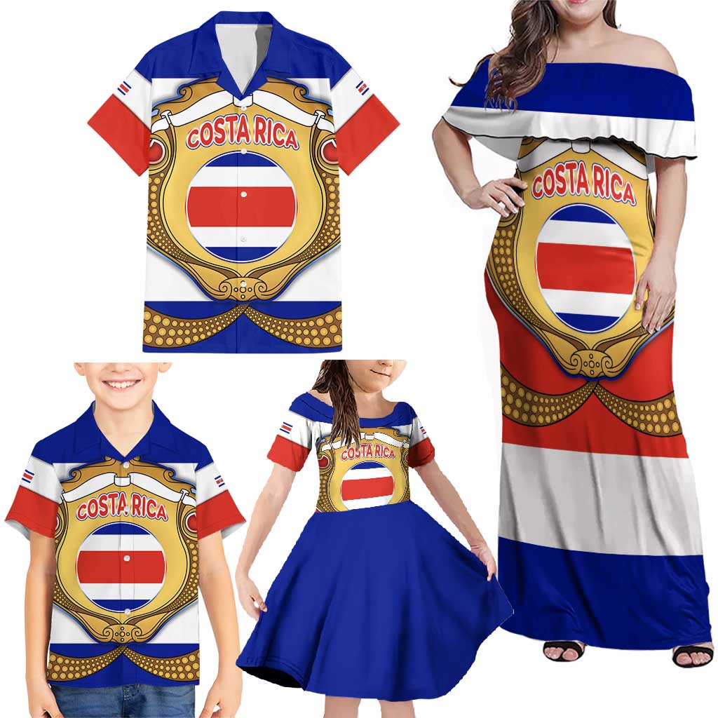 Costa Rica Flag Map Family Matching Off Shoulder Maxi Dress and Hawaiian Shirt Red White Blue with National Colors and Gold Crest Design - Wonder Print Shop