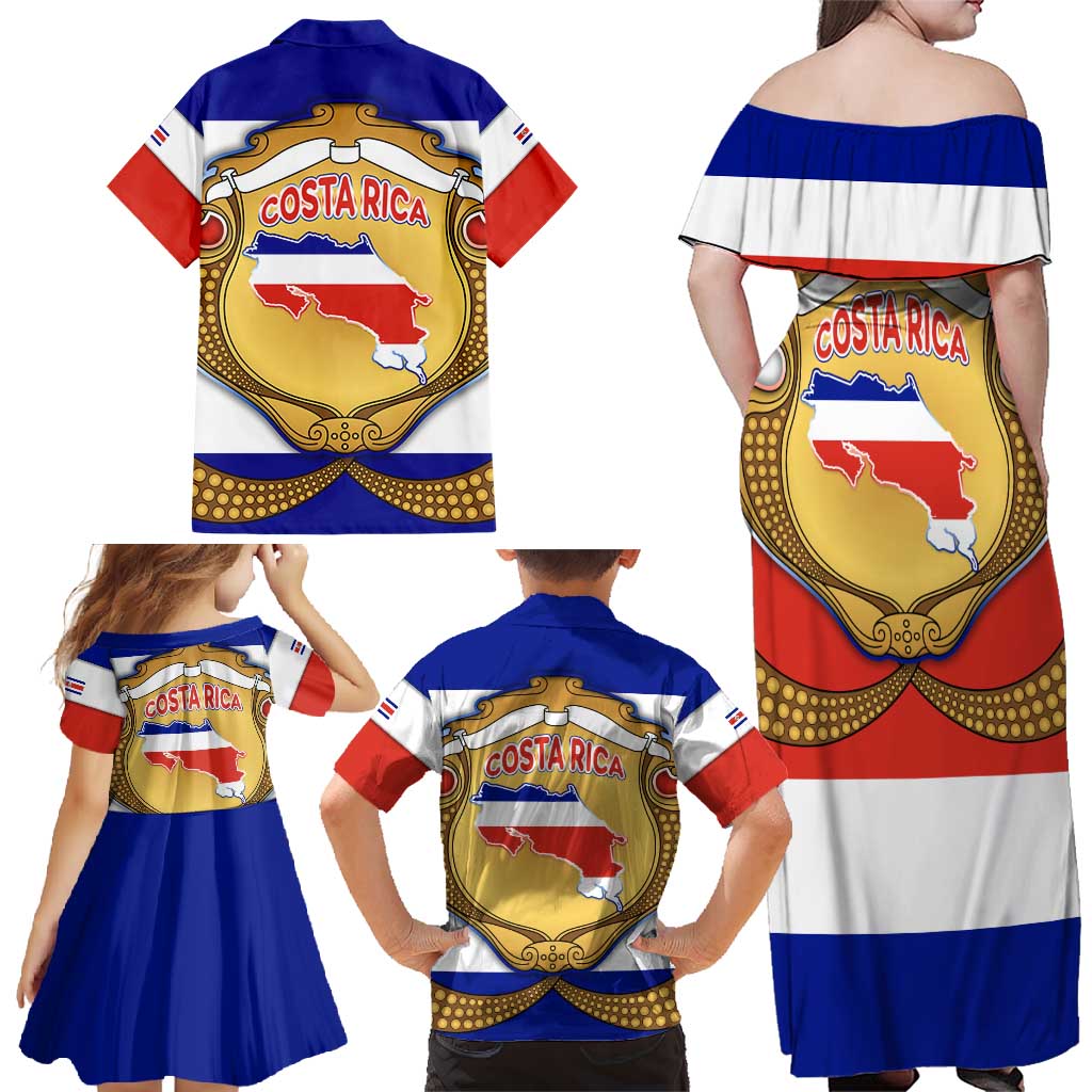 Costa Rica Flag Map Family Matching Off Shoulder Maxi Dress and Hawaiian Shirt Red White Blue with National Colors and Gold Crest Design - Wonder Print Shop
