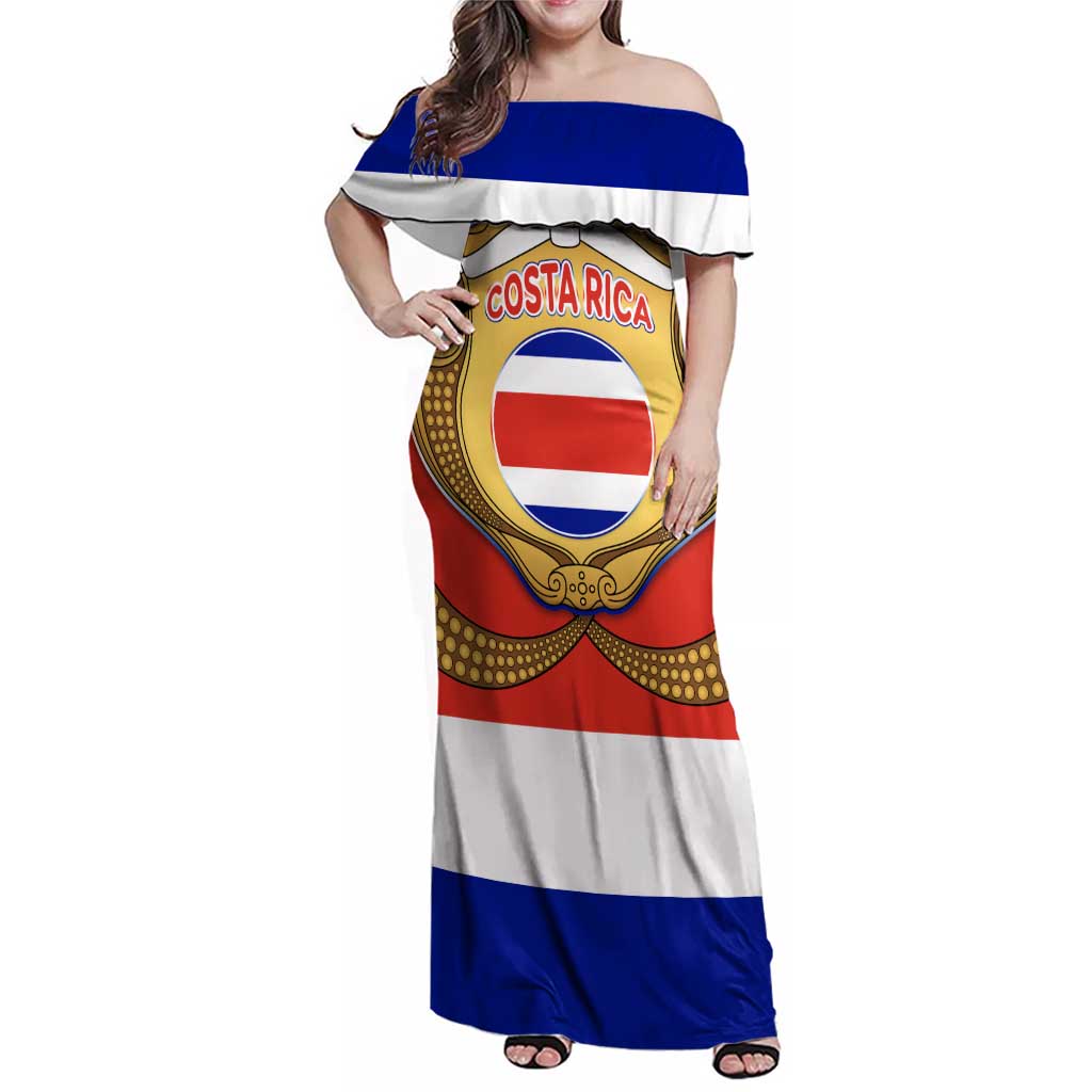 Costa Rica Flag Map Family Matching Off Shoulder Maxi Dress and Hawaiian Shirt Red White Blue with National Colors and Gold Crest Design - Wonder Print Shop