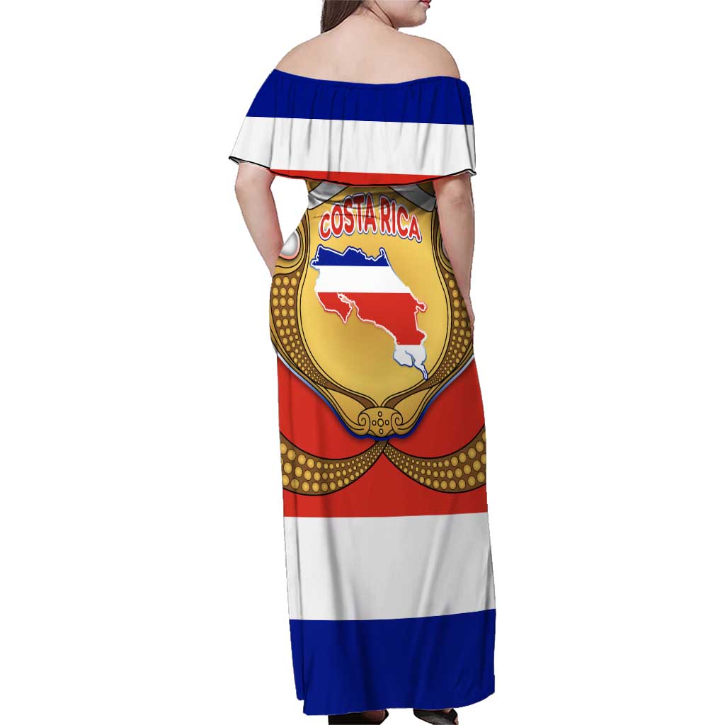 Costa Rica Flag Map Family Matching Off Shoulder Maxi Dress and Hawaiian Shirt Red White Blue with National Colors and Gold Crest Design - Wonder Print Shop