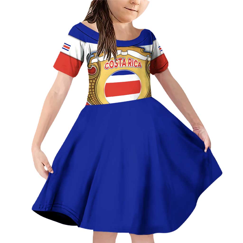 Costa Rica Flag Map Family Matching Off Shoulder Short Dress and Hawaiian Shirt Red White Blue with National Colors and Gold Crest Design - Wonder Print Shop