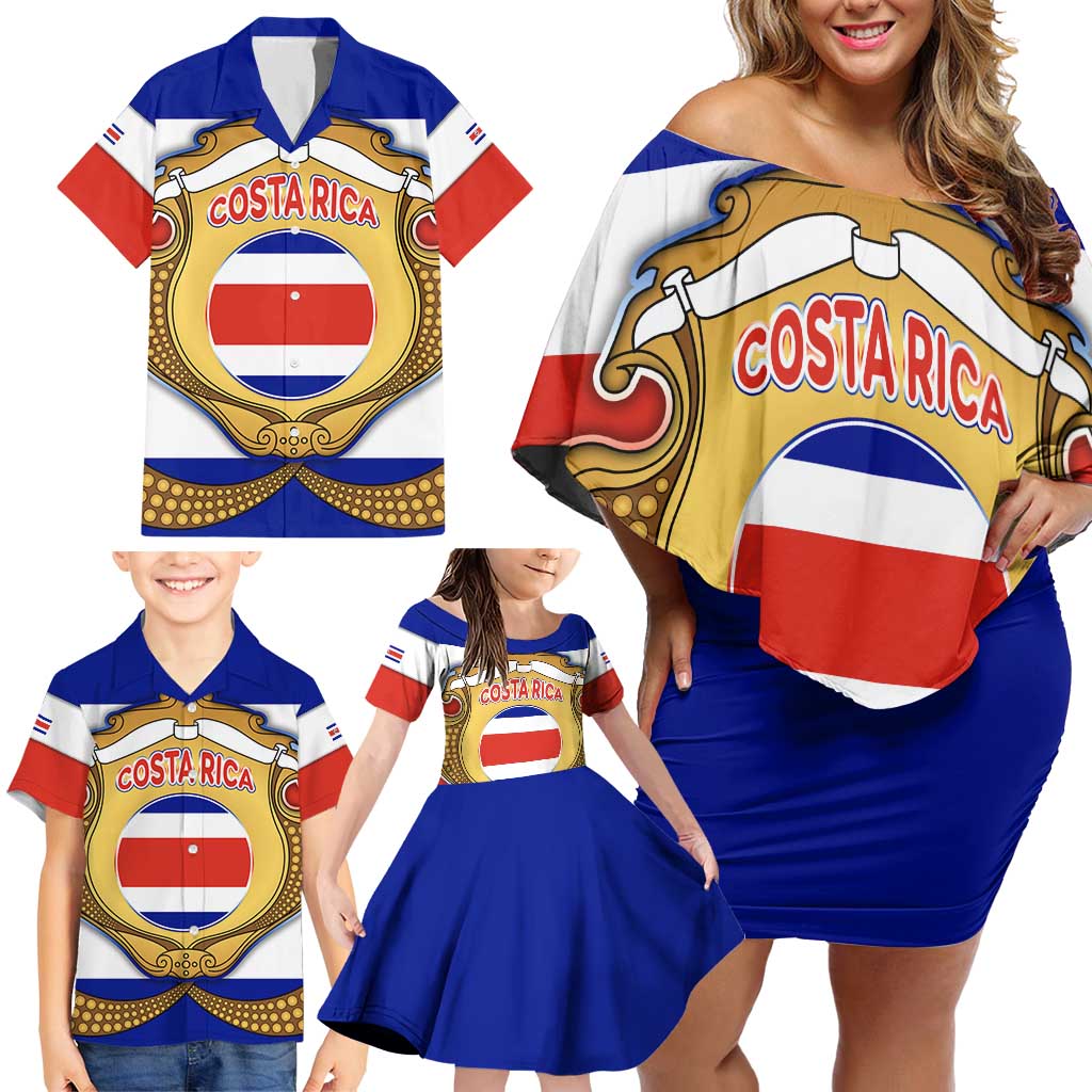 Costa Rica Flag Map Family Matching Off Shoulder Short Dress and Hawaiian Shirt Red White Blue with National Colors and Gold Crest Design - Wonder Print Shop