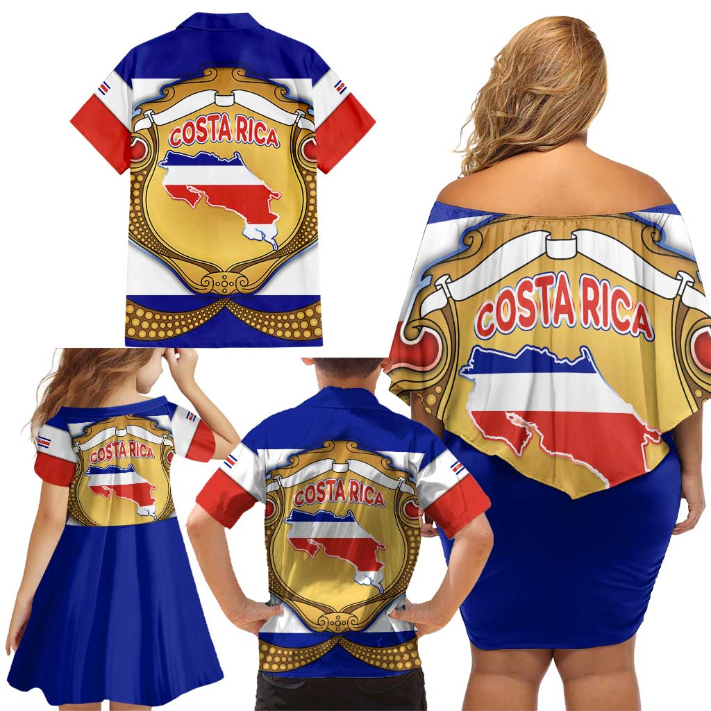 Costa Rica Flag Map Family Matching Off Shoulder Short Dress and Hawaiian Shirt Red White Blue with National Colors and Gold Crest Design - Wonder Print Shop