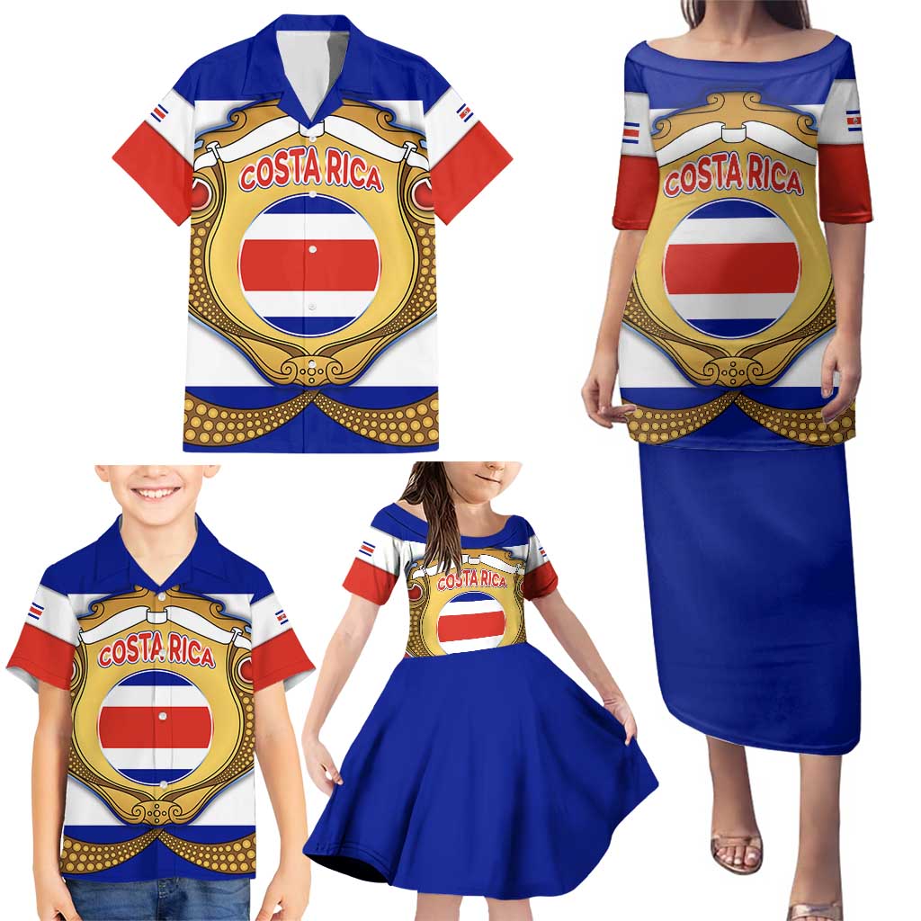 Costa Rica Flag Map Family Matching Puletasi and Hawaiian Shirt Red White Blue with National Colors and Gold Crest Design - Wonder Print Shop