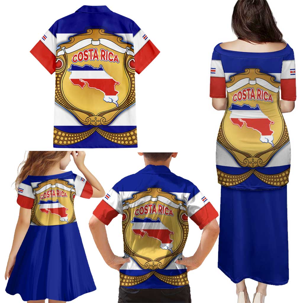 Costa Rica Flag Map Family Matching Puletasi and Hawaiian Shirt Red White Blue with National Colors and Gold Crest Design - Wonder Print Shop