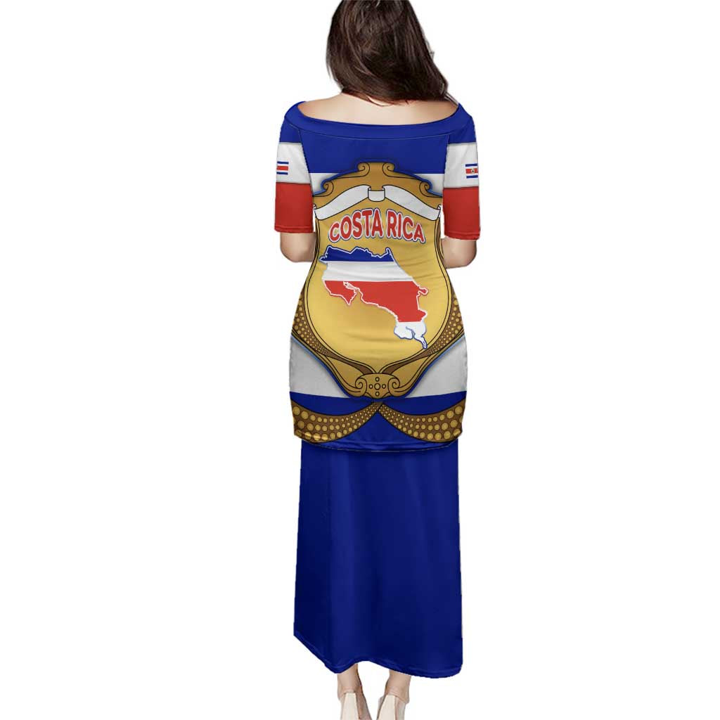 Costa Rica Flag Map Family Matching Puletasi and Hawaiian Shirt Red White Blue with National Colors and Gold Crest Design - Wonder Print Shop