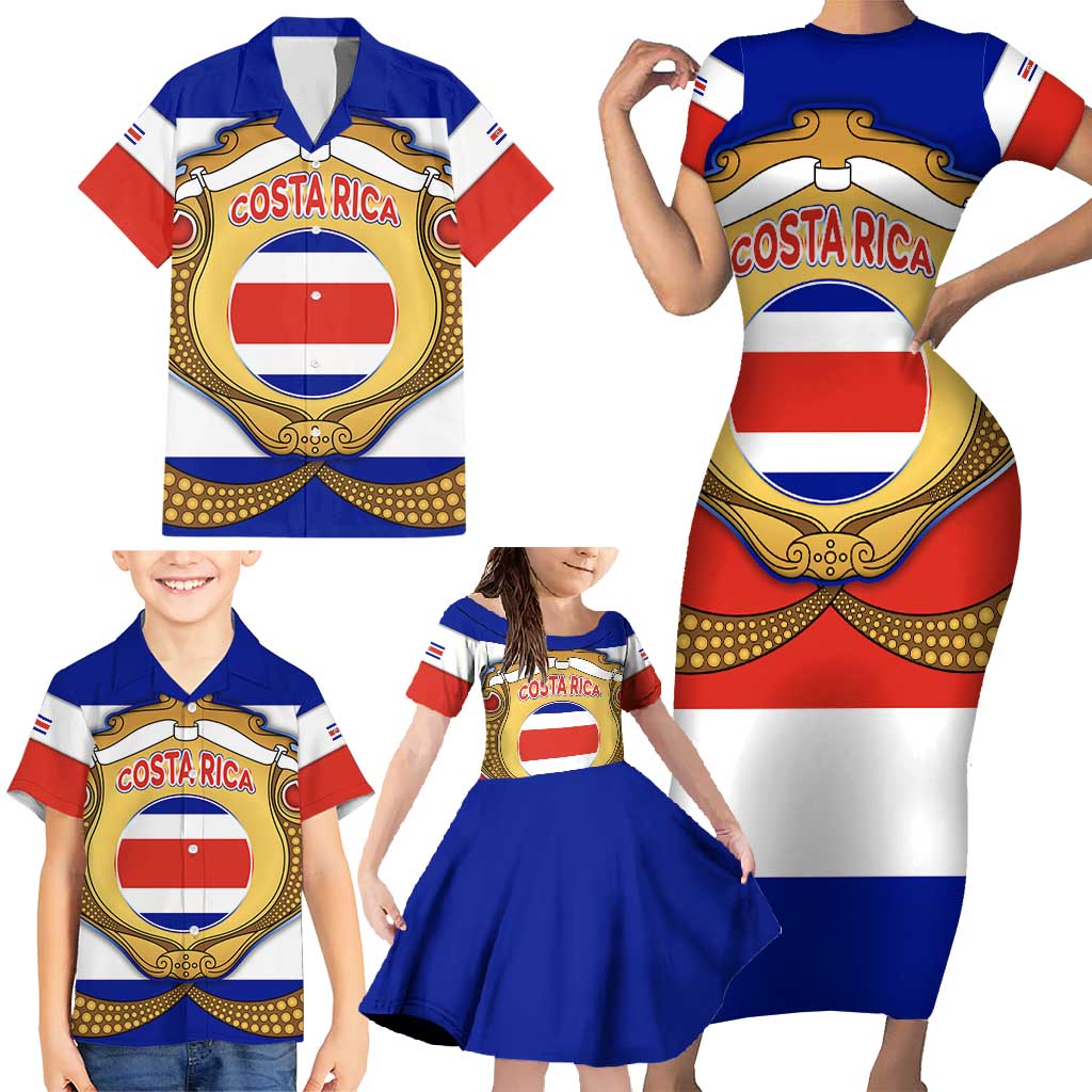 Costa Rica Flag Map Family Matching Short Sleeve Bodycon Dress and Hawaiian Shirt Red White Blue with National Colors and Gold Crest Design - Wonder Print Shop
