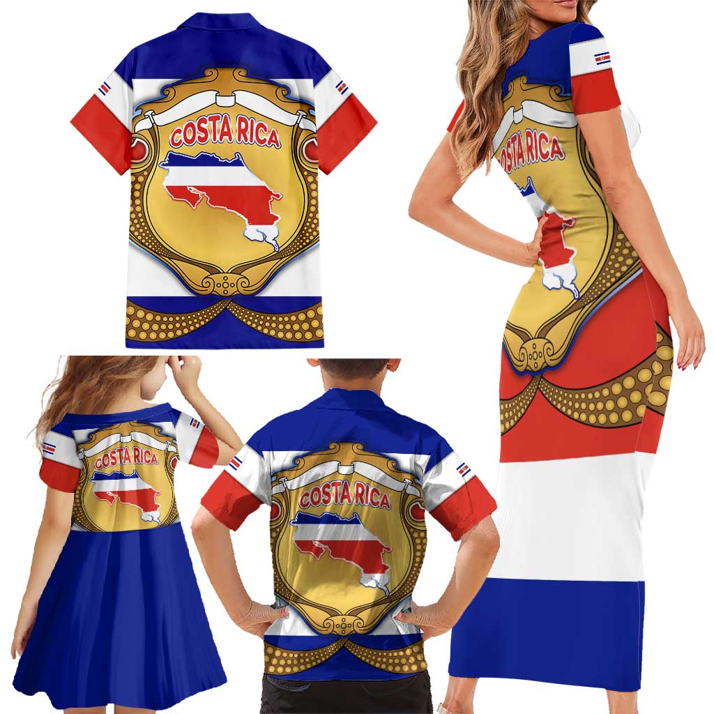 Costa Rica Flag Map Family Matching Short Sleeve Bodycon Dress and Hawaiian Shirt Red White Blue with National Colors and Gold Crest Design - Wonder Print Shop