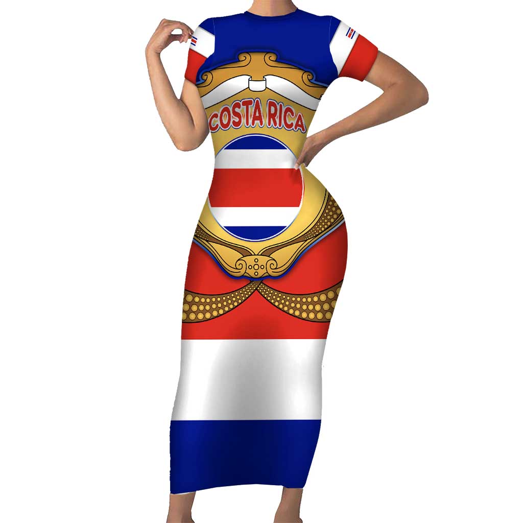 Costa Rica Flag Map Family Matching Short Sleeve Bodycon Dress and Hawaiian Shirt Red White Blue with National Colors and Gold Crest Design - Wonder Print Shop