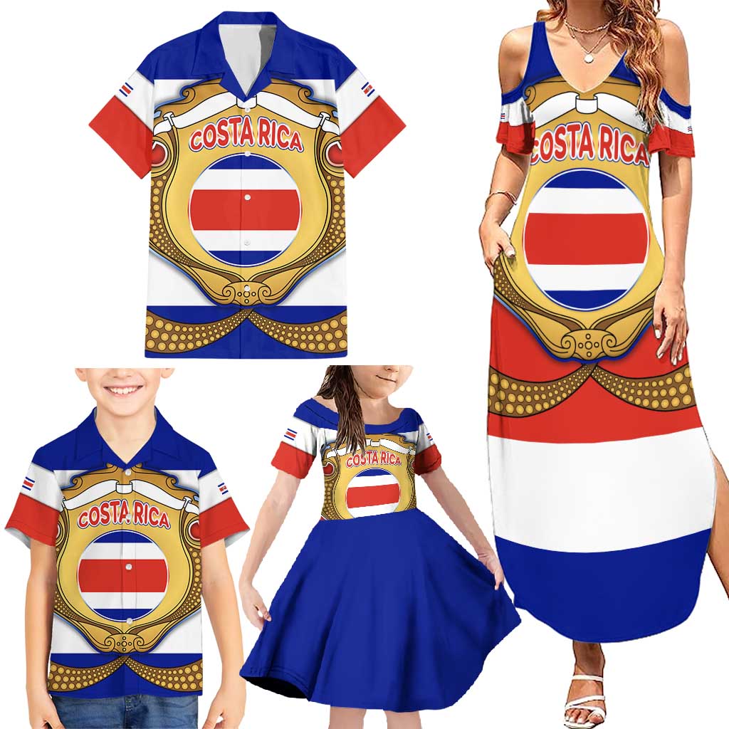 Costa Rica Flag Map Family Matching Summer Maxi Dress and Hawaiian Shirt Red White Blue with National Colors and Gold Crest Design - Wonder Print Shop