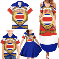 Costa Rica Flag Map Family Matching Summer Maxi Dress and Hawaiian Shirt Red White Blue with National Colors and Gold Crest Design - Wonder Print Shop
