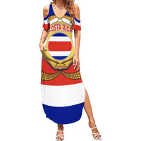 Costa Rica Flag Map Family Matching Summer Maxi Dress and Hawaiian Shirt Red White Blue with National Colors and Gold Crest Design - Wonder Print Shop