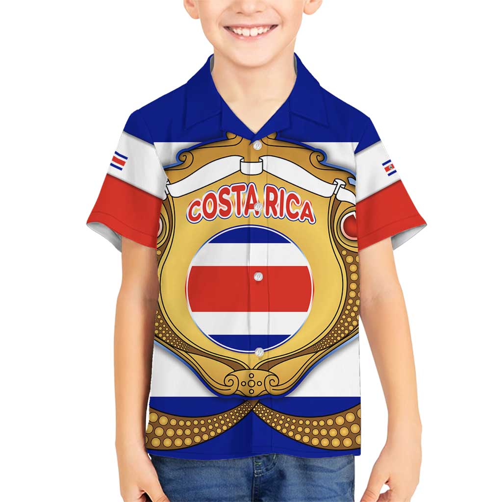 Costa Rica Flag Map Family Matching Summer Maxi Dress and Hawaiian Shirt Red White Blue with National Colors and Gold Crest Design - Wonder Print Shop