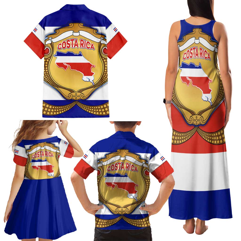 Costa Rica Flag Map Family Matching Tank Maxi Dress and Hawaiian Shirt Red White Blue with National Colors and Gold Crest Design - Wonder Print Shop