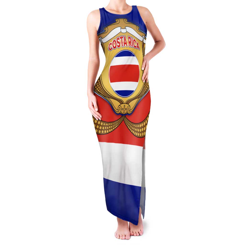 Costa Rica Flag Map Family Matching Tank Maxi Dress and Hawaiian Shirt Red White Blue with National Colors and Gold Crest Design - Wonder Print Shop