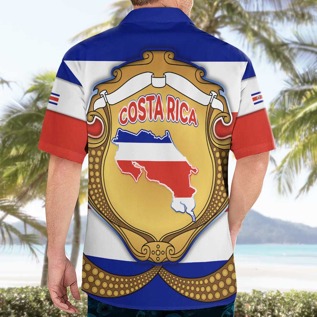 Costa Rica Flag Map Hawaiian Shirt Red White Blue with National Colors and Gold Crest Design - Wonder Print Shop