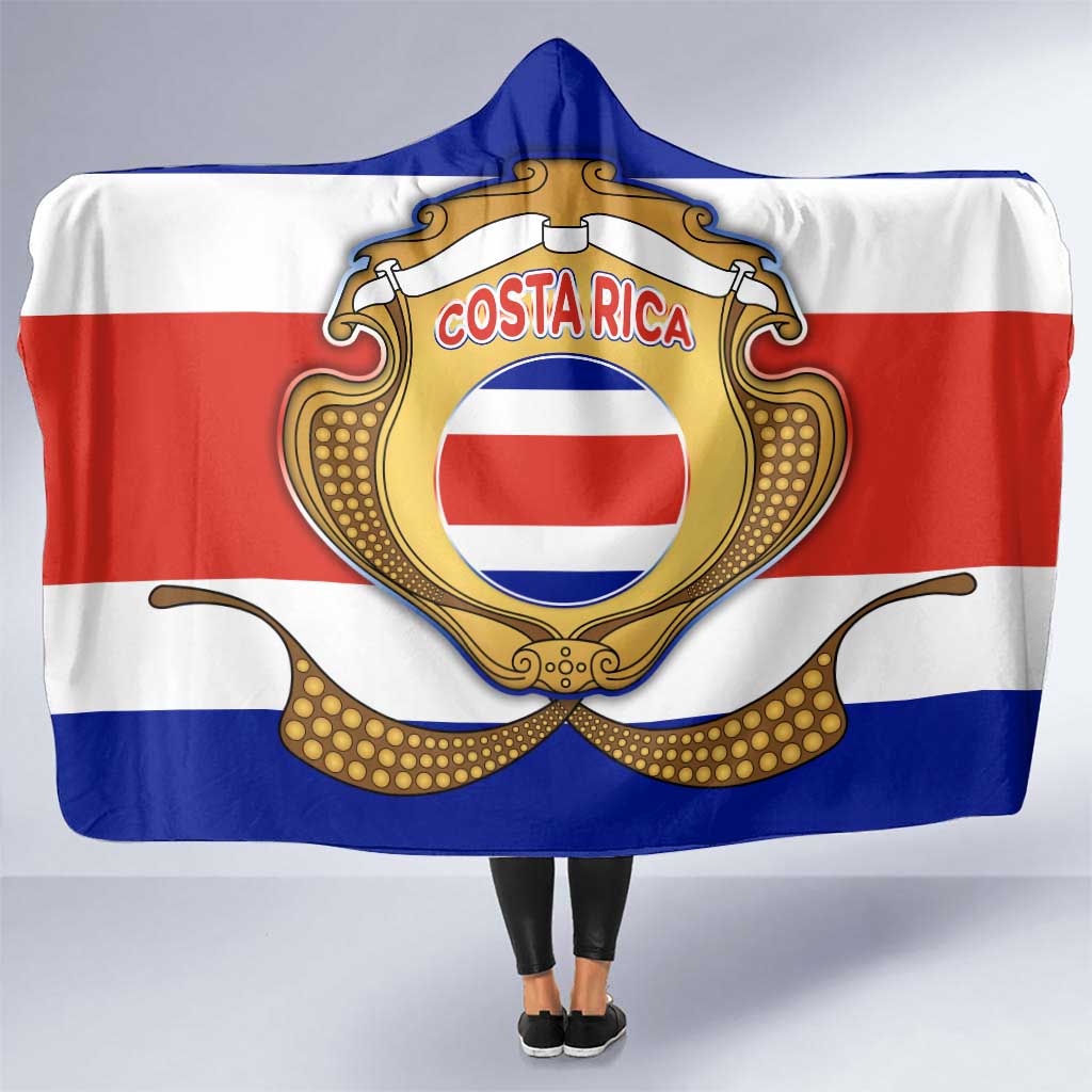 Costa Rica Flag Map Hooded Blanket Red White Blue with National Colors and Gold Crest Design - Wonder Print Shop