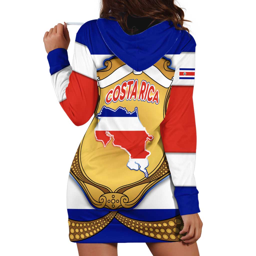 Costa Rica Flag Map Hoodie Dress Red White Blue with National Colors and Gold Crest Design - Wonder Print Shop