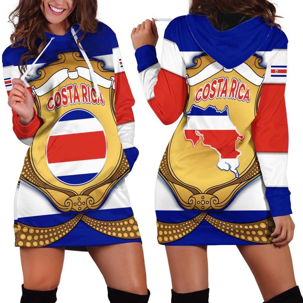 Costa Rica Flag Map Hoodie Dress Red White Blue with National Colors and Gold Crest Design - Wonder Print Shop