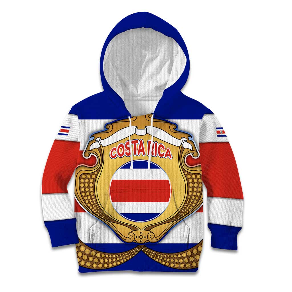 Costa Rica Flag Map Kid Hoodie Red White Blue with National Colors and Gold Crest Design - Wonder Print Shop