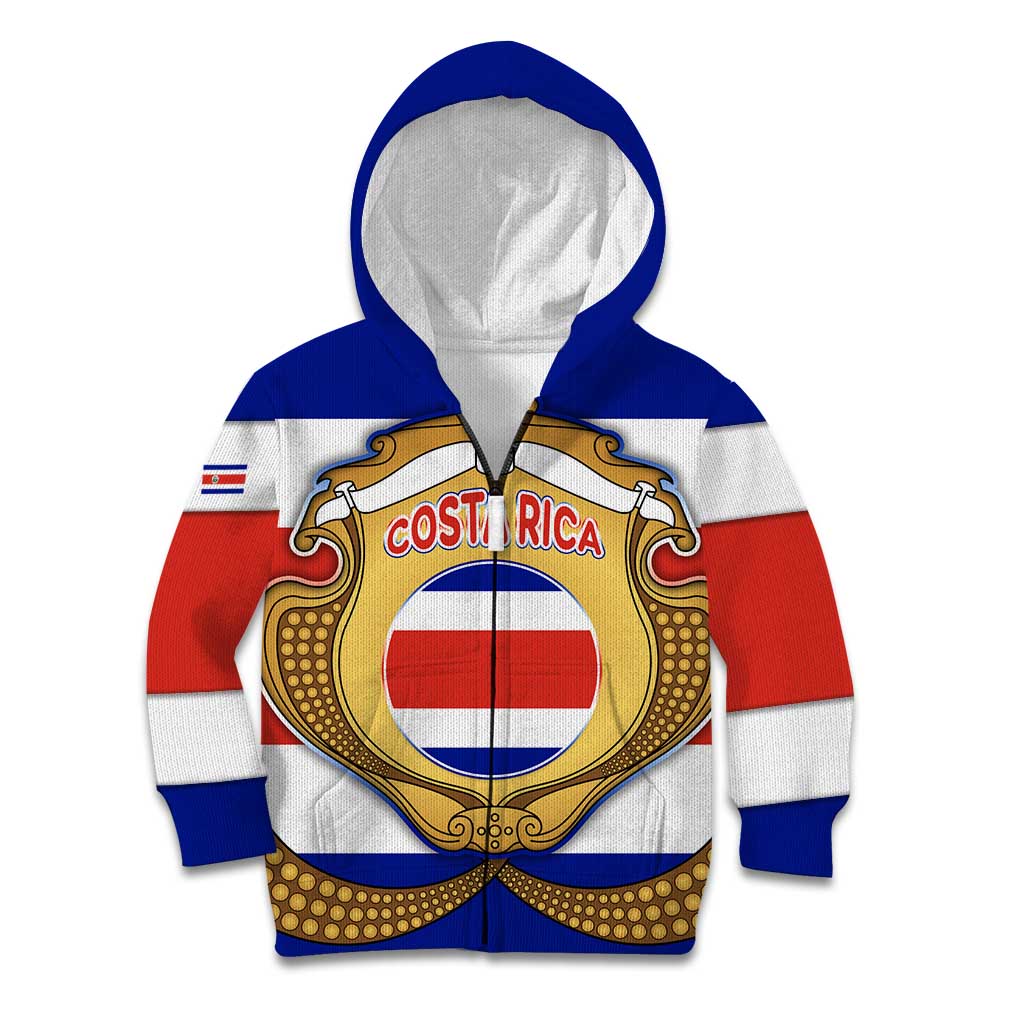 Costa Rica Flag Map Kid Hoodie Red White Blue with National Colors and Gold Crest Design - Wonder Print Shop