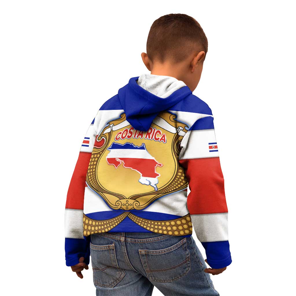 Costa Rica Flag Map Kid Hoodie Red White Blue with National Colors and Gold Crest Design - Wonder Print Shop