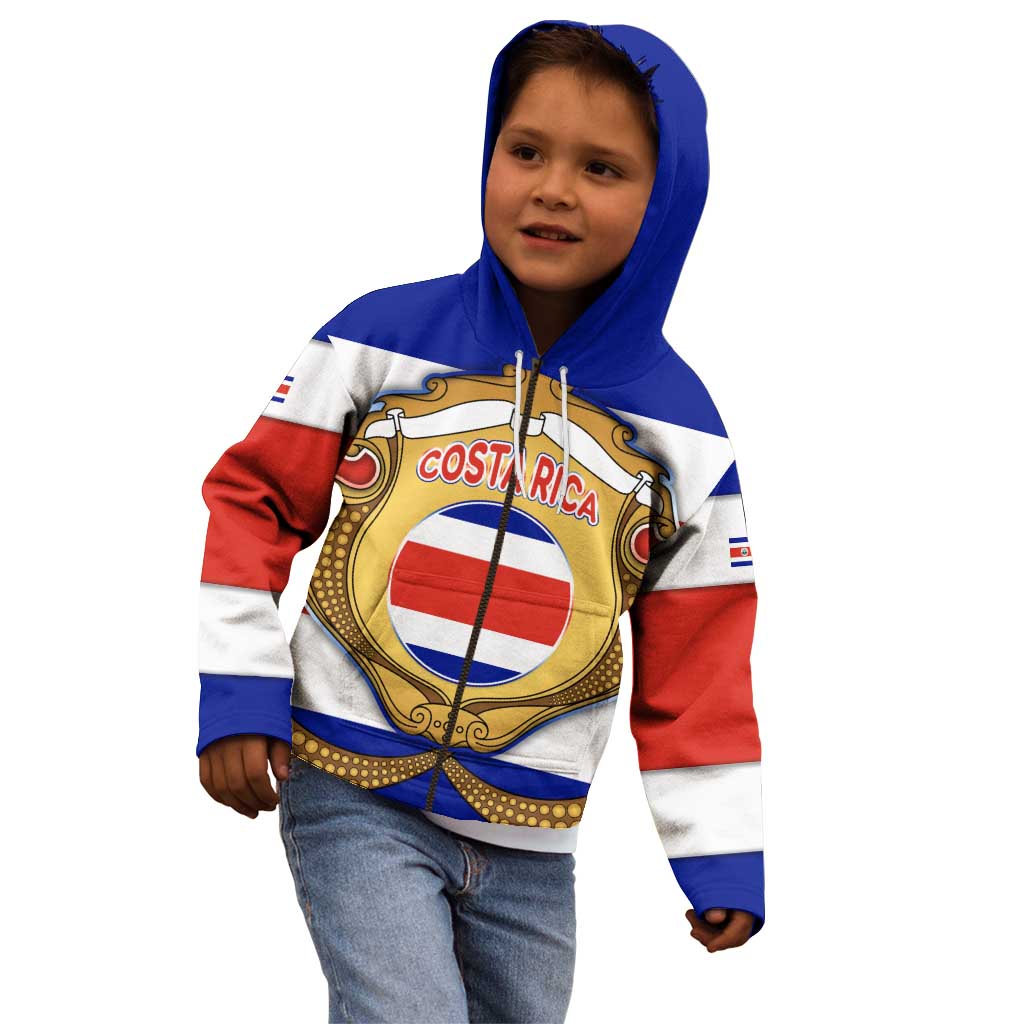 Costa Rica Flag Map Kid Hoodie Red White Blue with National Colors and Gold Crest Design - Wonder Print Shop