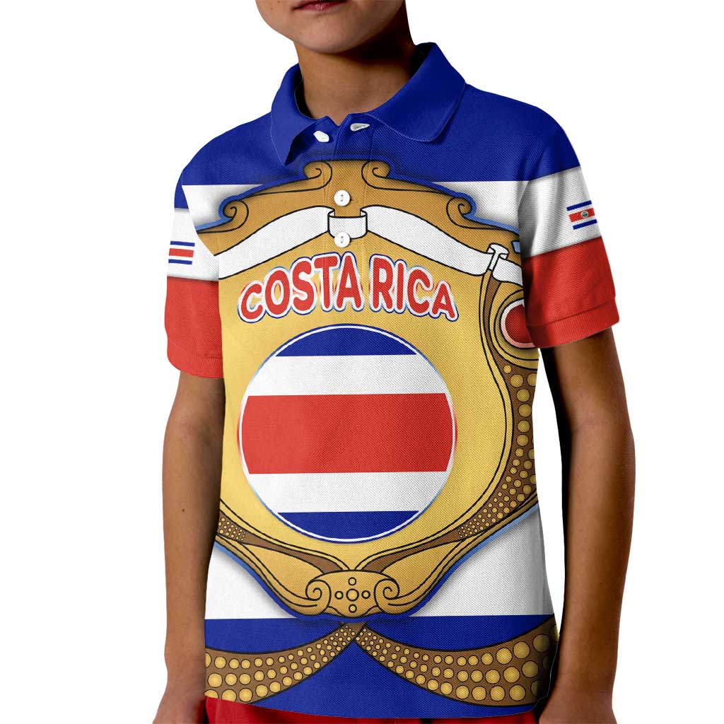 Costa Rica Flag Map Kid Polo Shirt Red White Blue with National Colors and Gold Crest Design - Wonder Print Shop