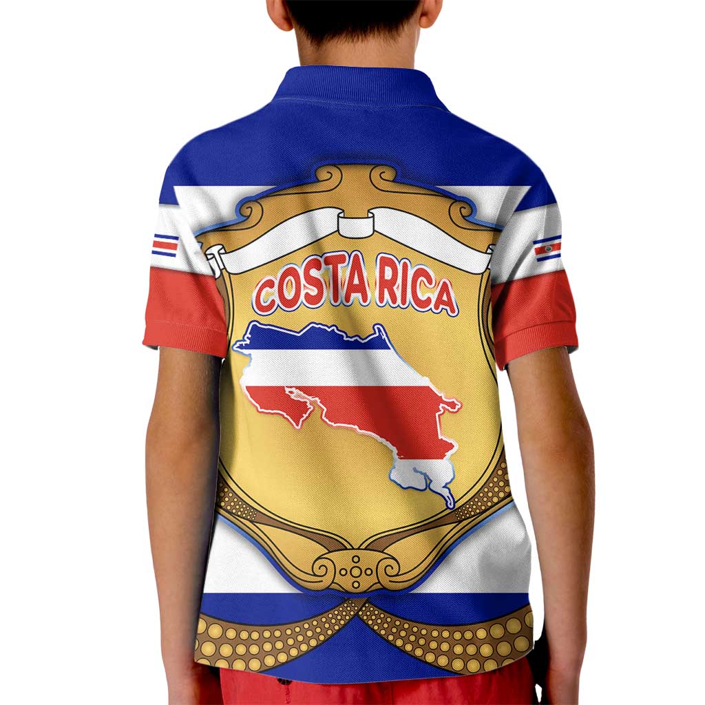 Costa Rica Flag Map Kid Polo Shirt Red White Blue with National Colors and Gold Crest Design - Wonder Print Shop