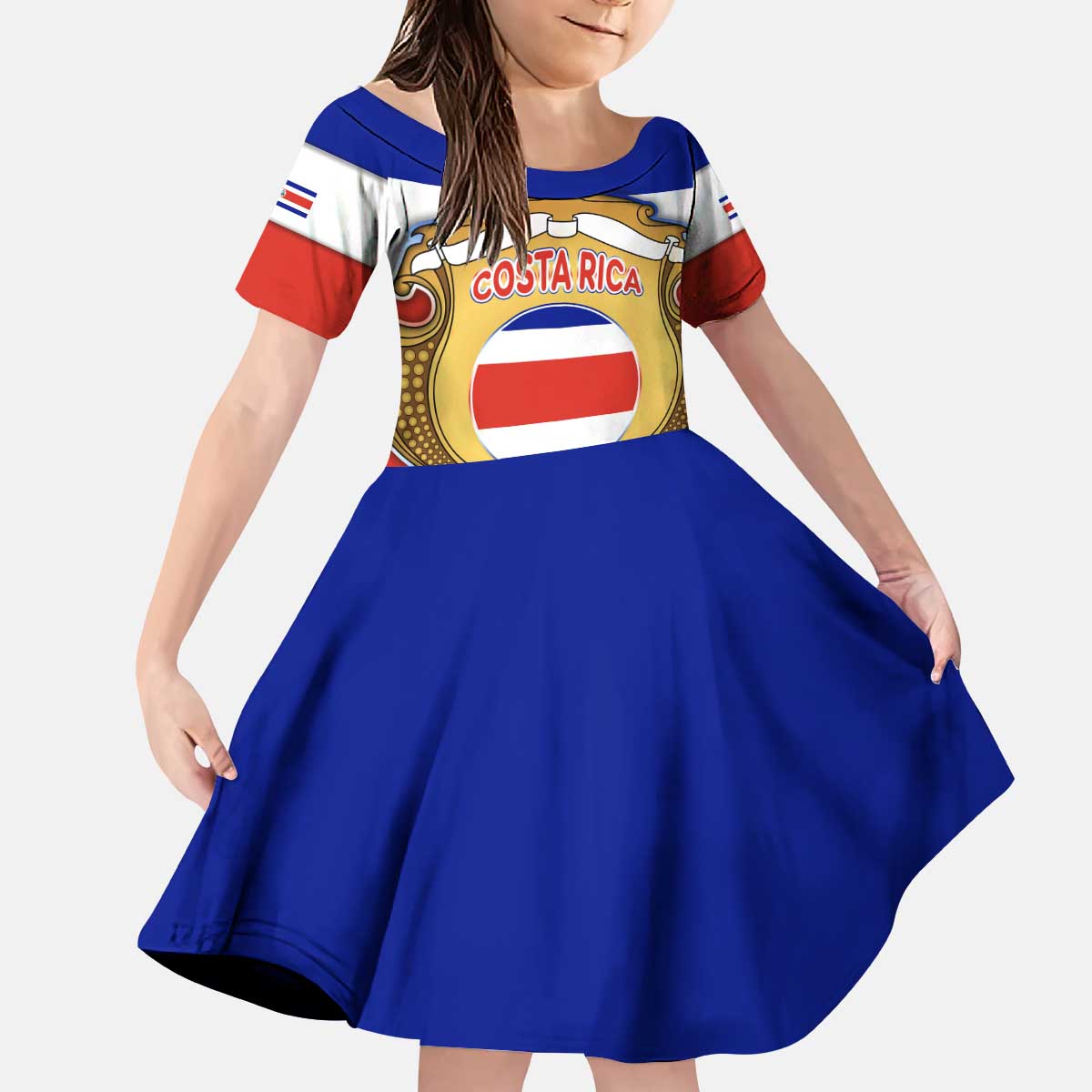 Costa Rica Flag Map Kid Short Sleeve Dress Red White Blue with National Colors and Gold Crest Design - Wonder Print Shop