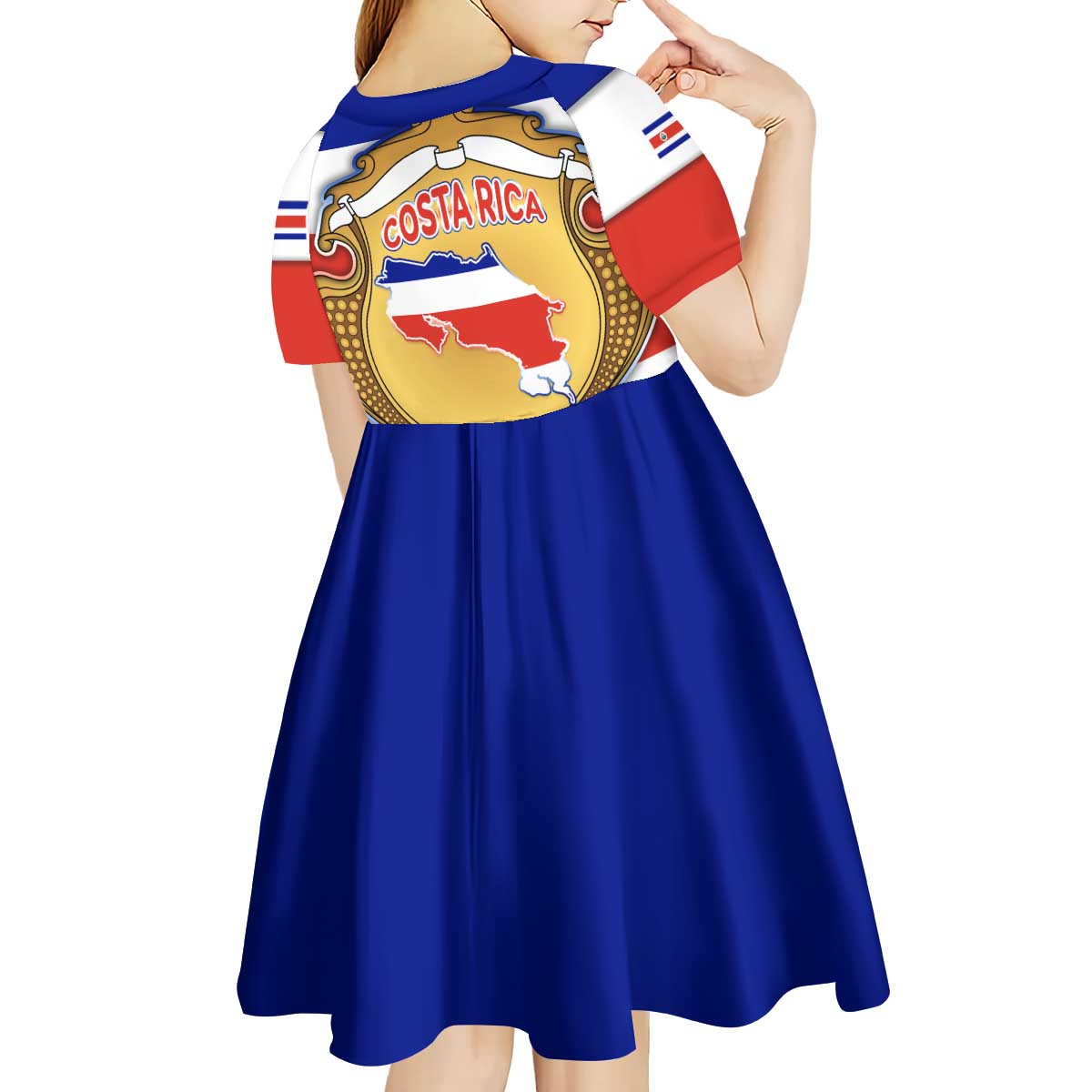 Costa Rica Flag Map Kid Short Sleeve Dress Red White Blue with National Colors and Gold Crest Design - Wonder Print Shop
